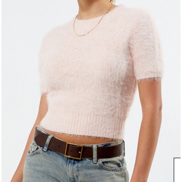 MINKPINK Tops - NWT Mink Pink Millie Fluffy Knit Tee Women L Blush Pink Short Sleeve Sweater